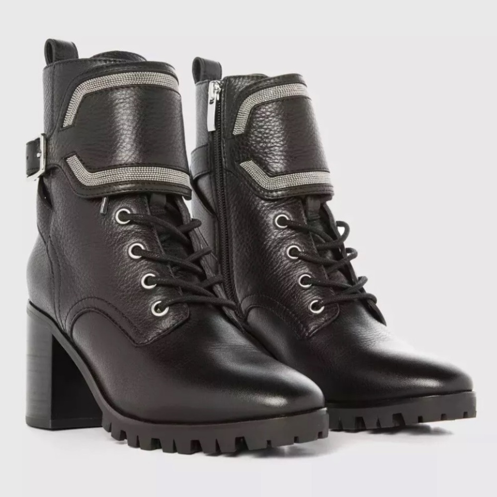Paige Daphne Heeled Combat Boots Leather Lace Up Lug Sole Army Military Booties - Picture 2 of 7